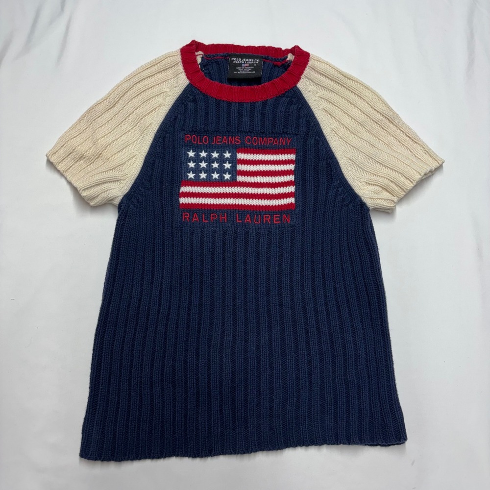VTG Polo Jeans Co Ralph Lauren American Flag Knit Short Sleeve Sweater Navy S